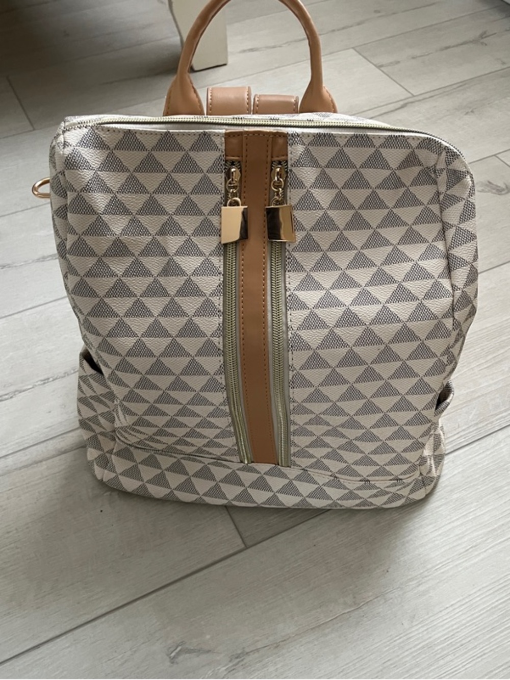 Amazon Cream and Tan Geo-Print Backpack with Gold Accents